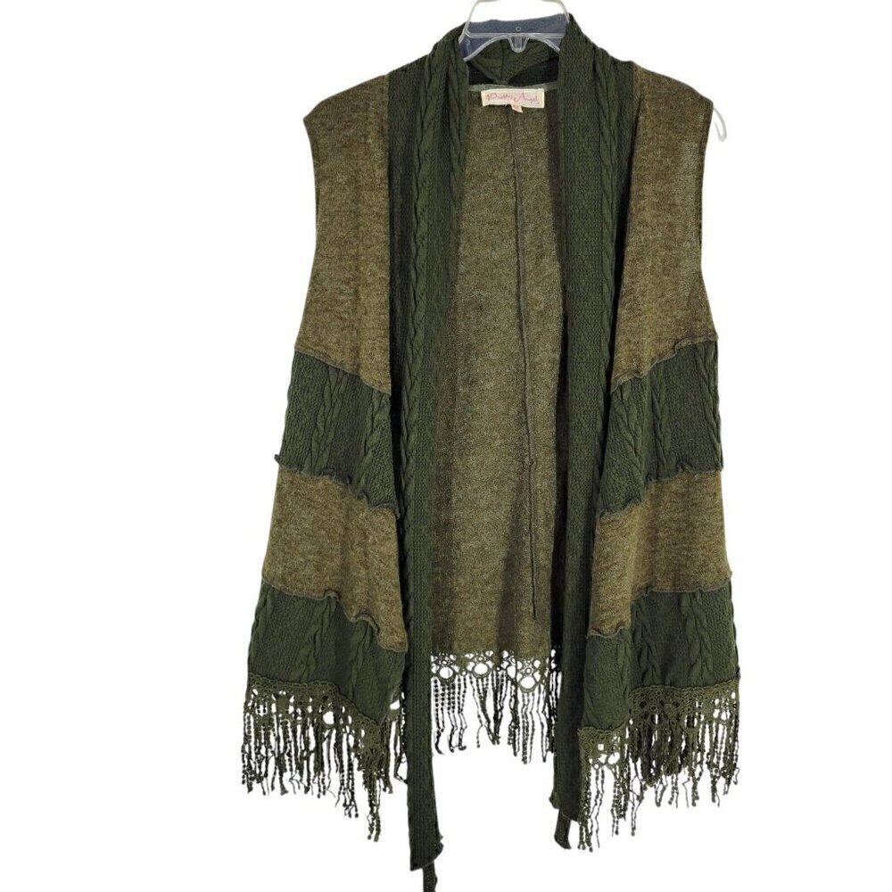 Pretty Angel Mixed Media Green Vest Knit Fringe Medium fairy grunge goblin witch